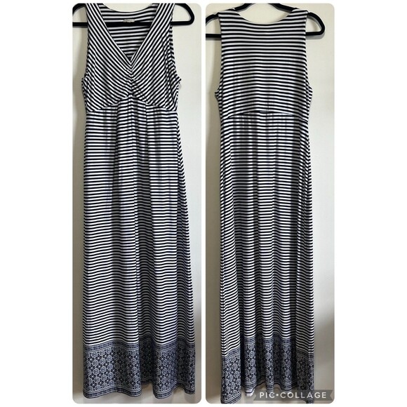 Talbots Sleevless Maxi Dress Navy White Stripes Sz M Stretch Summer Beach - Picture 1 of 8